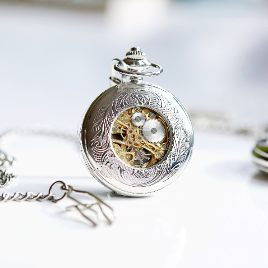 Personalised Roman Skeleton Pocket Watch - Engraved Mechanical Timepiece with Gift Box