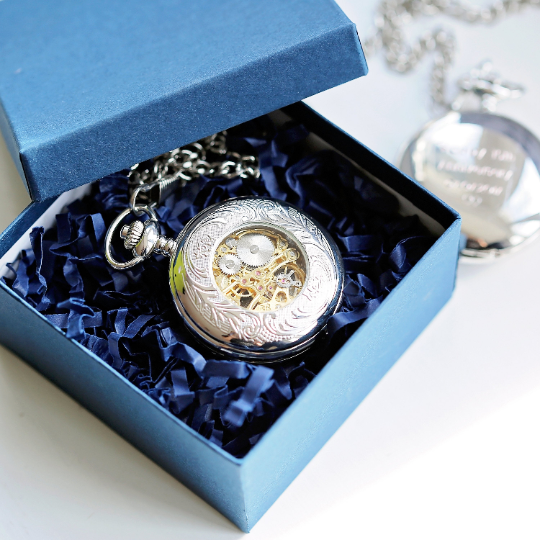 Handwriting Engraved Roman Skeleton Pocket Watch - Personalised Timepiece with Mechanical Wind-Up Movement and Classic Roman Numerals