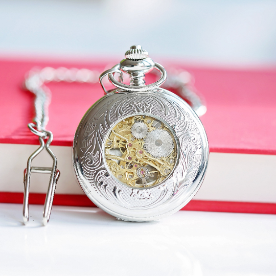 Handwriting Engraved Roman Skeleton Pocket Watch - Personalised Timepiece with Mechanical Wind-Up Movement and Classic Roman Numerals