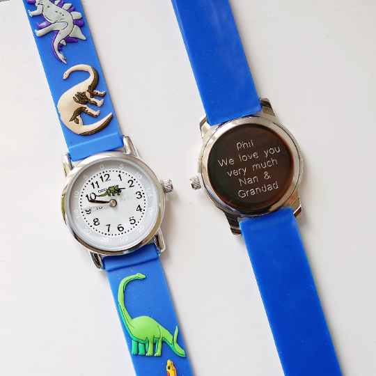 Engraved Kids 3D Dinosaur Watch - Personalised Stainless Steel Back with Rotating Second Hand