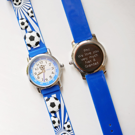 Engraved Kids 3D Football Watch - Personalised Analogue Timepiece with Rotating Second Hand and Water Resistant Design