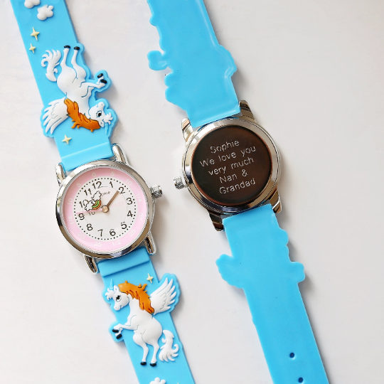 Engraved Kids 3D Unicorn Watch - Personalised Analogue Timepiece with Stainless Steel Back and Rotating Second Hand