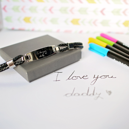 Handwriting Engraved Men s Woven Leather Bracelet - Personalized Stainless Steel Gift for Him