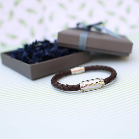 Personalised Twisted Leather Bracelet with Magnetic Clasp and Engraved Message - Lifetime Gift