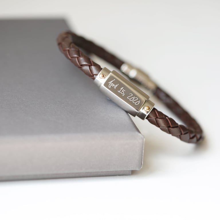 Personalized Handwriting Engraved Twisted Leather Bracelet - Magnetic Clasp & Customizable
