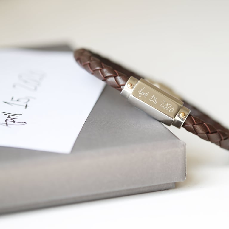 Personalized Handwriting Engraved Twisted Leather Bracelet - Magnetic Clasp & Customizable