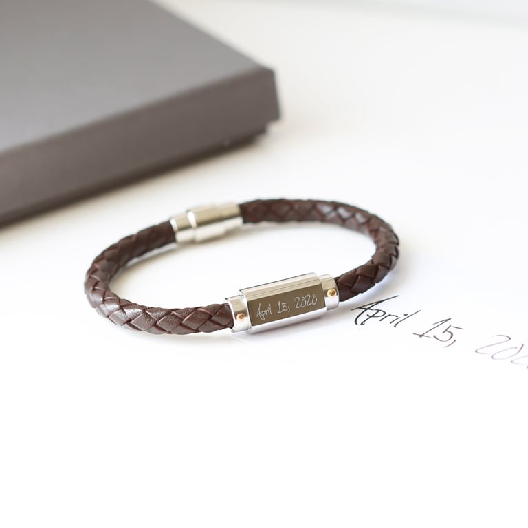 Personalized Handwriting Engraved Twisted Leather Bracelet - Magnetic Clasp & Customizable