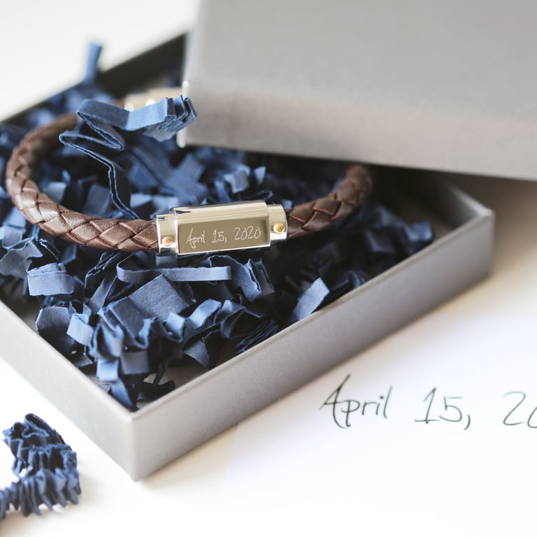Personalized Handwriting Engraved Twisted Leather Bracelet - Magnetic Clasp & Customizable