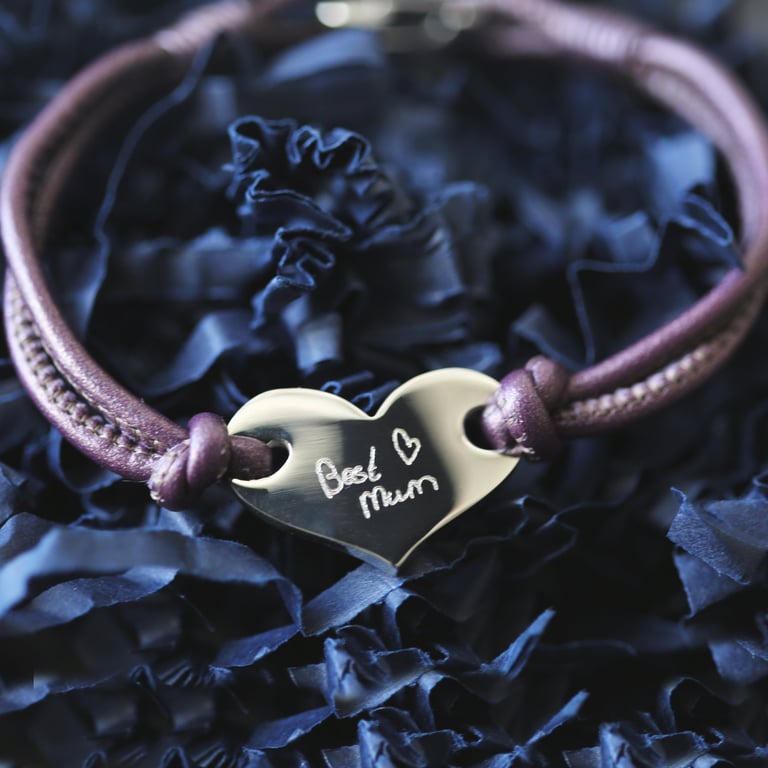 Personalized Handwriting Hearts Forever Leather Bracelet - Berry Color