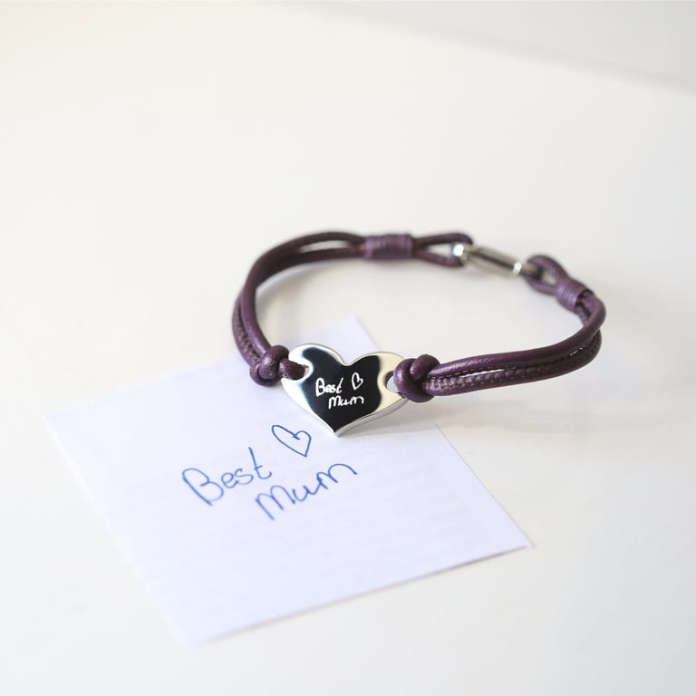 Personalized Handwriting Hearts Forever Leather Bracelet - Berry Color