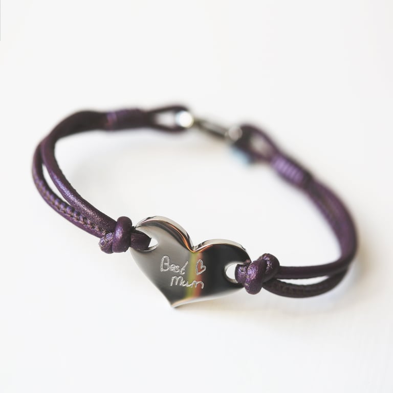 Personalized Handwriting Hearts Forever Leather Bracelet - Berry Color