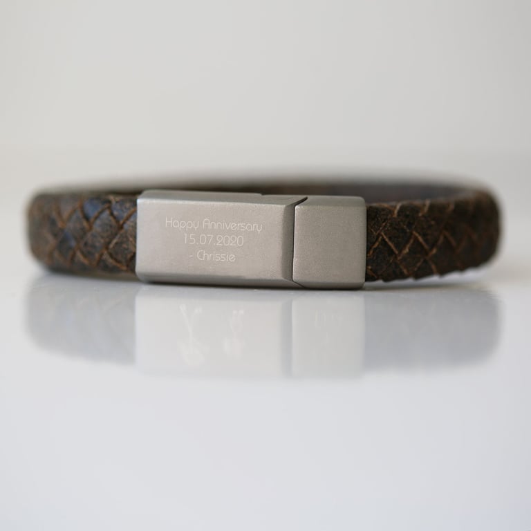Personalised Antique Style Leather Bracelet - Engraved with Modern Font