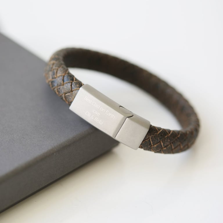 Personalised Antique Style Leather Bracelet - Engraved with Modern Font