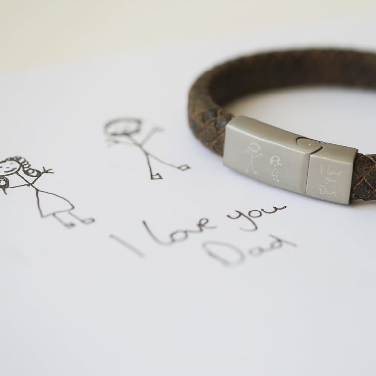 Handwriting Engraved Antique Style Leather Bracelet - Personalised Rustic Gift