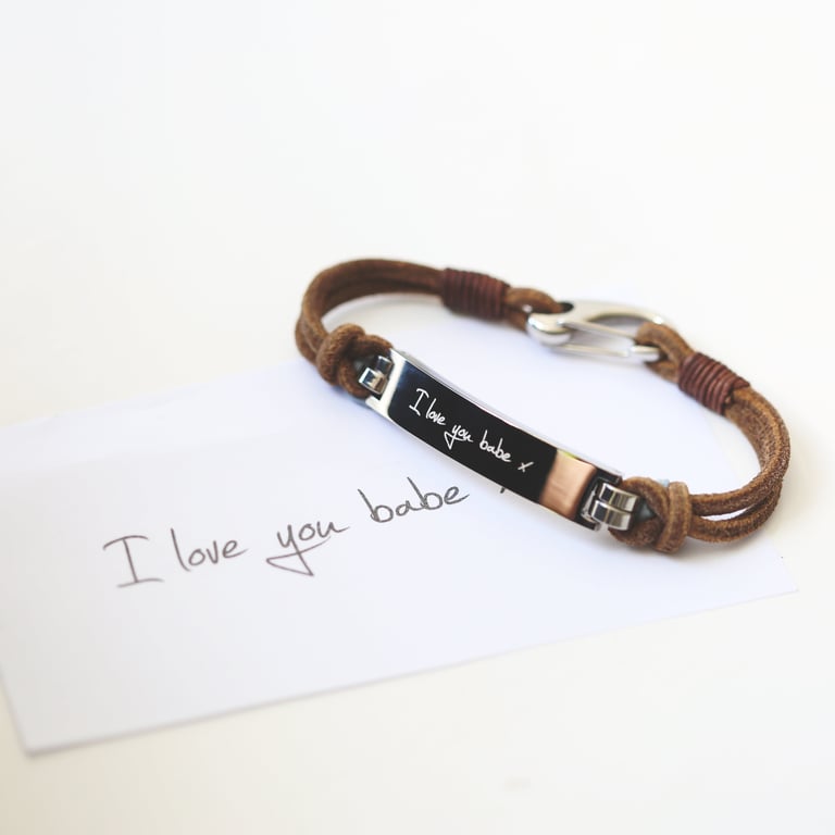 Men s Genuine Leather Engraved Handwriting Bracelet - Personalised Snap-Lock Clasp