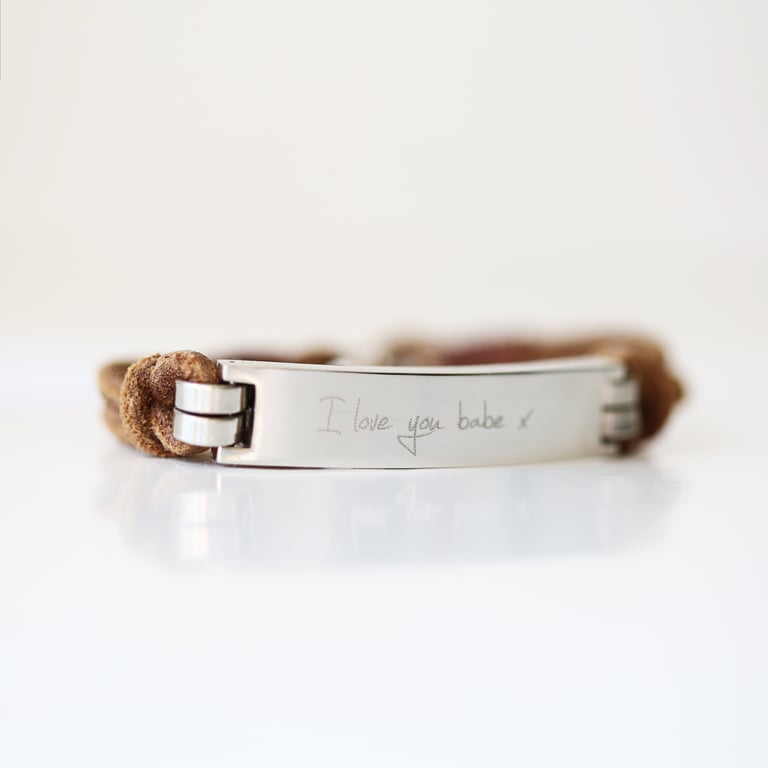 Men s Genuine Leather Engraved Handwriting Bracelet - Personalised Snap-Lock Clasp