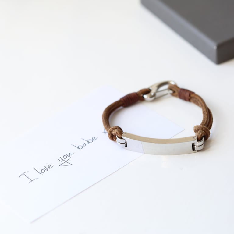 Men s Genuine Leather Engraved Handwriting Bracelet - Personalised Snap-Lock Clasp
