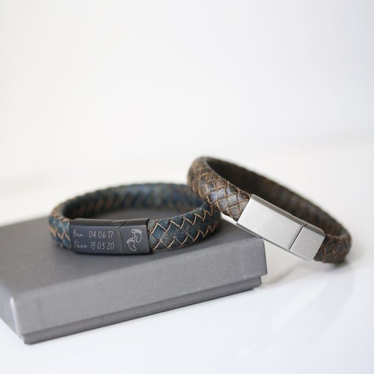Handwriting Engraved Antique Style Leather Bracelet with Custom Iron Details
