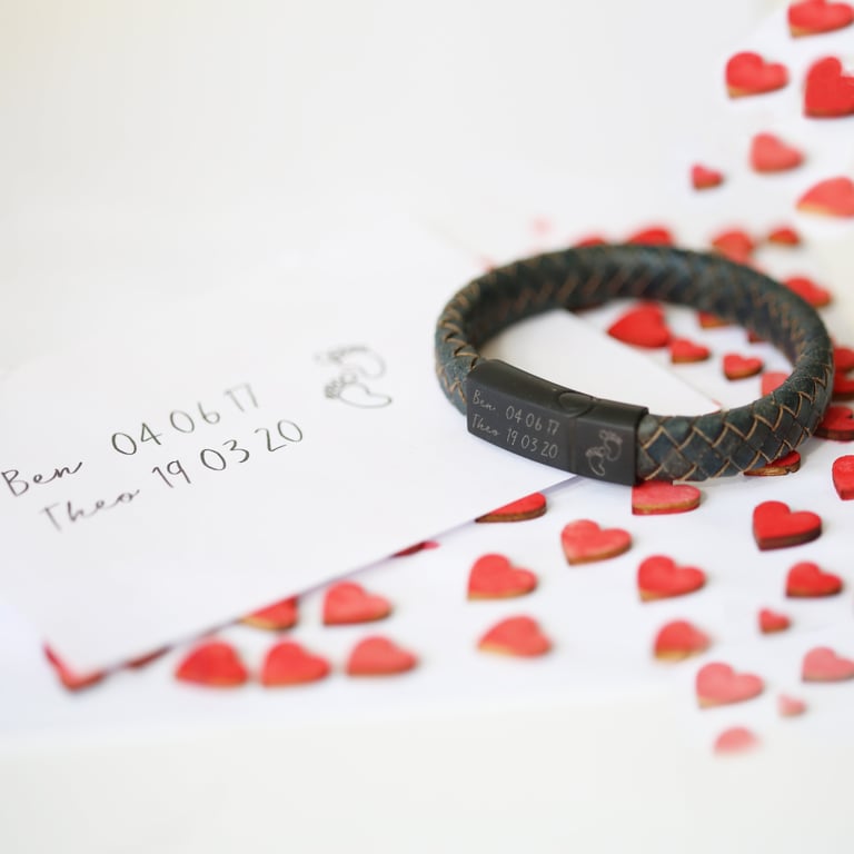 Handwriting Engraved Antique Style Leather Bracelet with Custom Iron Details
