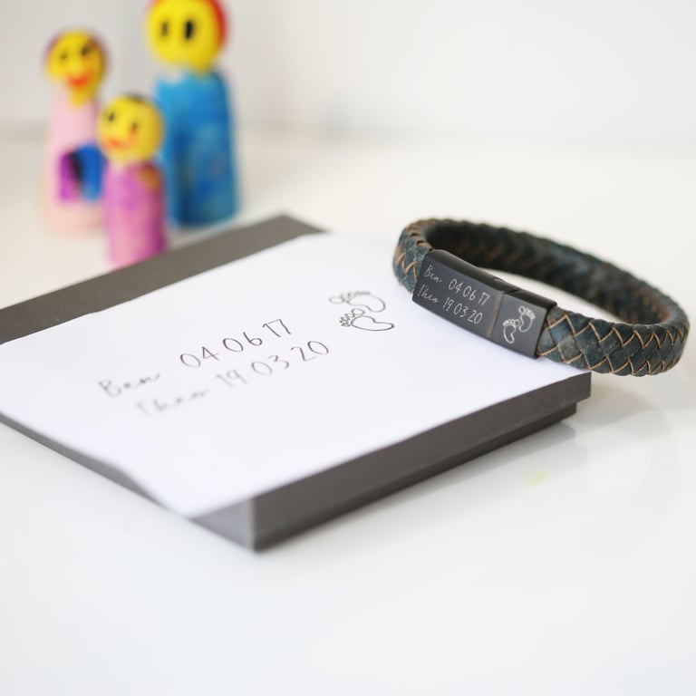 Handwriting Engraved Antique Style Leather Bracelet with Custom Iron Details