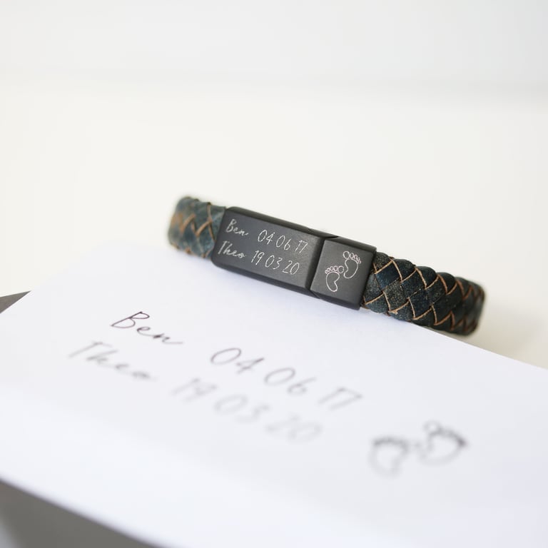 Handwriting Engraved Antique Style Leather Bracelet with Custom Iron Details