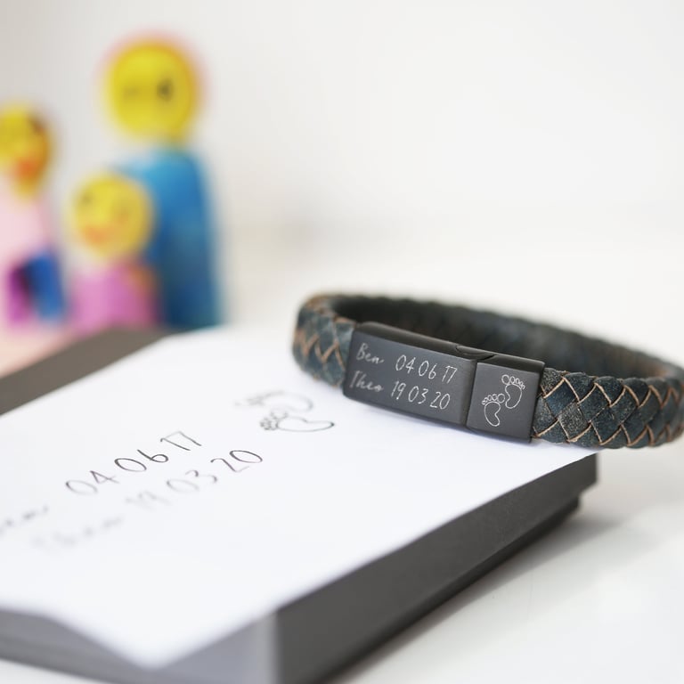 Handwriting Engraved Antique Style Leather Bracelet with Custom Iron Details