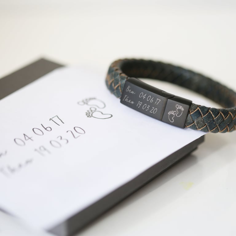 Handwriting Engraved Antique Style Leather Bracelet with Custom Iron Details