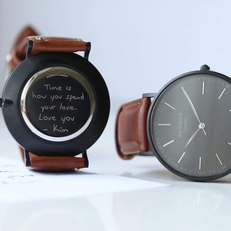 Handwriting Engraved Minimalist Watch with Walnut Strap - Personalised Stainless Steel Timepiece