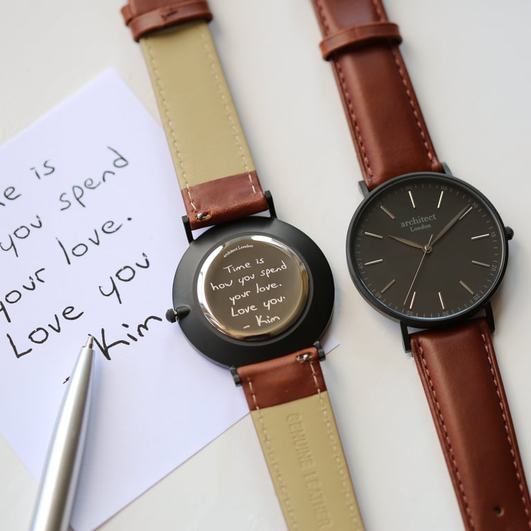 Handwriting Engraved Minimalist Watch with Walnut Strap - Personalised Stainless Steel Timepiece
