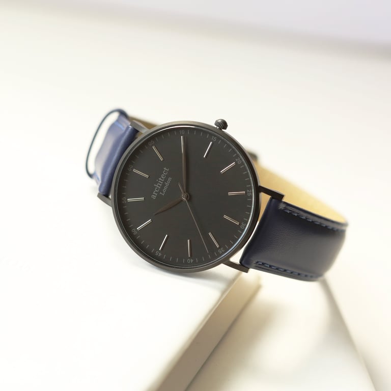 Personalized Architect London Men s Watch with Hand Engraving and Admiral Blue Strap