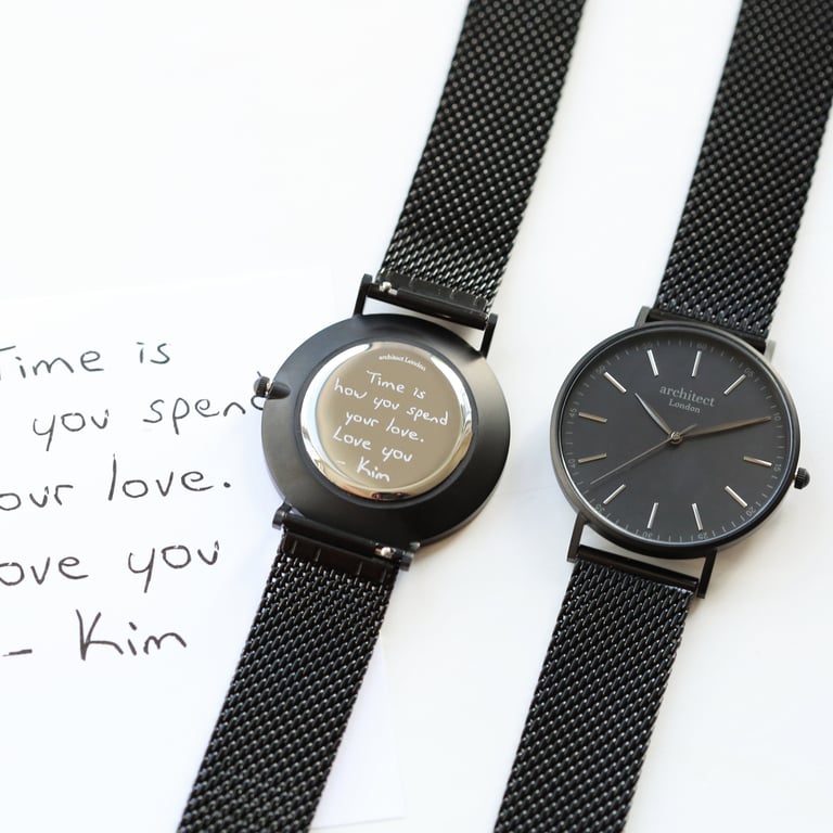 Minimalist Watch with Handwriting Engraving and Pitch Black Mesh Strap - Personalized Luxury Timepiece