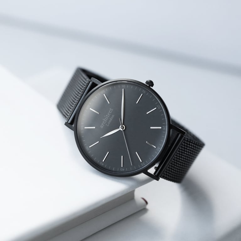 Minimalist Watch with Handwriting Engraving and Pitch Black Mesh Strap - Personalized Luxury Timepiece