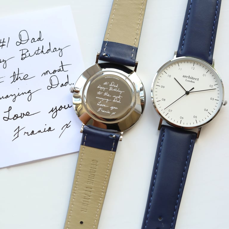 Personalized Architect Zephyr Watch - Handwriting Engraving & Admiral Blue Strap