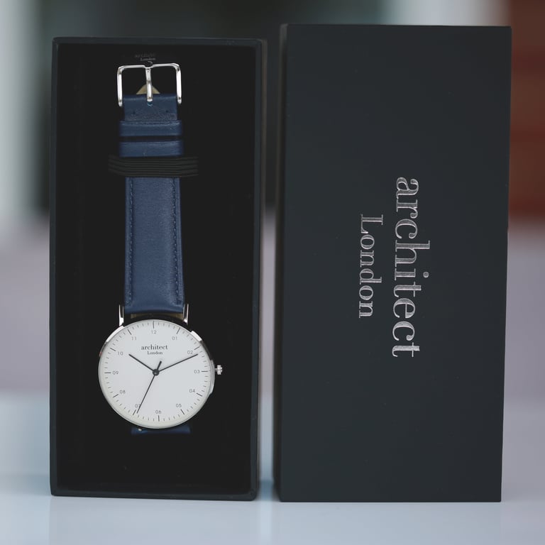 Personalized Architect Zephyr Watch - Handwriting Engraving & Admiral Blue Strap