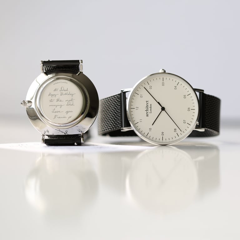 Handwriting Engraved Architect Zephyr Watch - Minimalist Quartz Timepiece with Pitch Black Mesh Strap