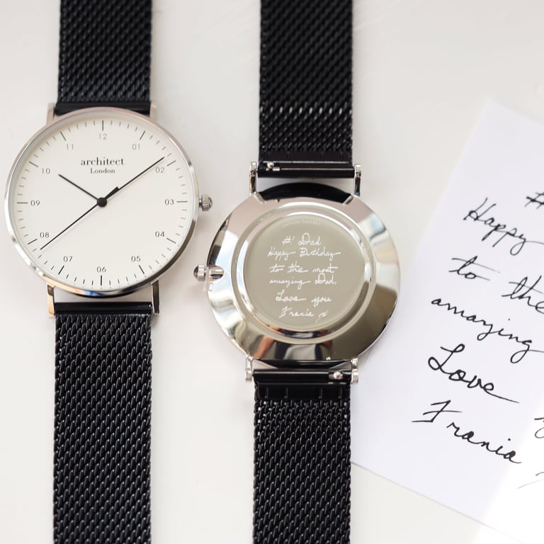Handwriting Engraved Architect Zephyr Watch - Minimalist Quartz Timepiece with Pitch Black Mesh Strap