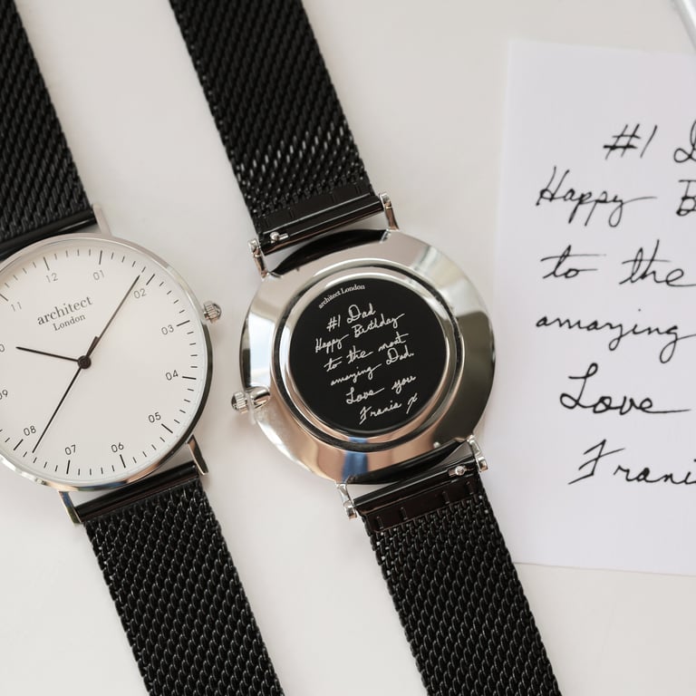 Handwriting Engraved Architect Zephyr Watch - Minimalist Quartz Timepiece with Pitch Black Mesh Strap