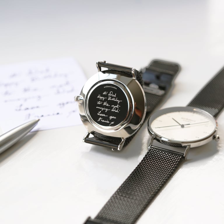 Handwriting Engraved Architect Zephyr Watch - Minimalist Quartz Timepiece with Pitch Black Mesh Strap