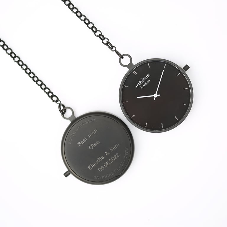 Modern Engraved Pocket Watch - Swiss Movement, Sapphire Glass, Brushed Stainless Steel