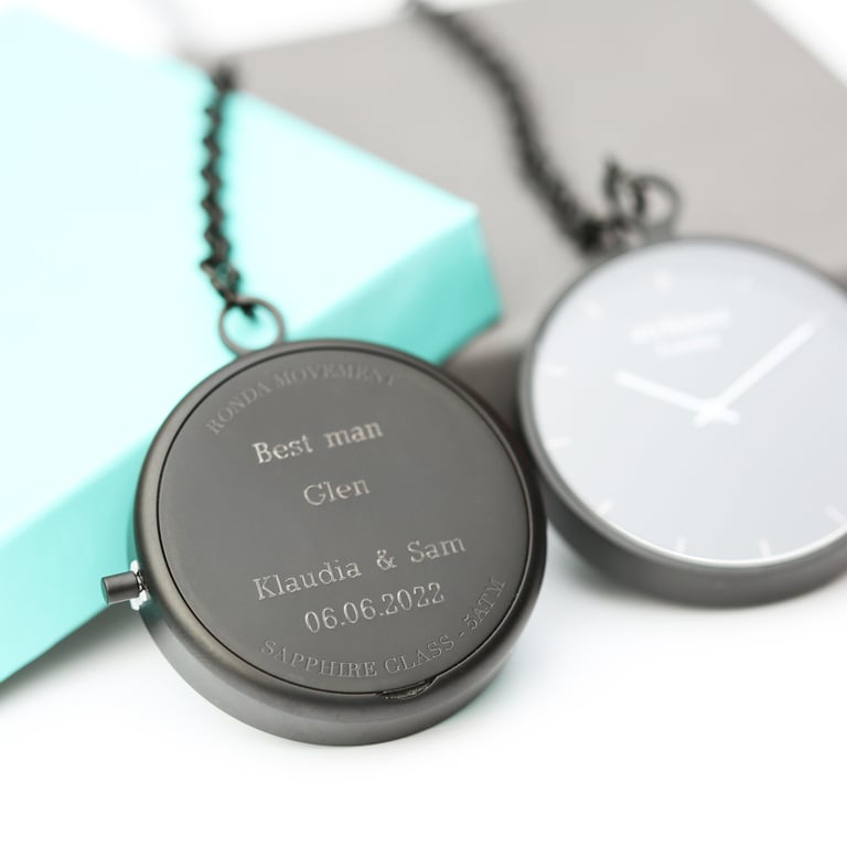 Modern Engraved Pocket Watch - Swiss Movement, Sapphire Glass, Brushed Stainless Steel