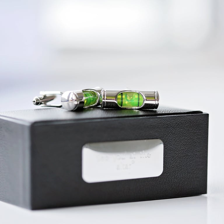 Spirit Level Cufflinks - Personalised, Liquid Filled, Engraved Box Gift for Builders & Home Handymen