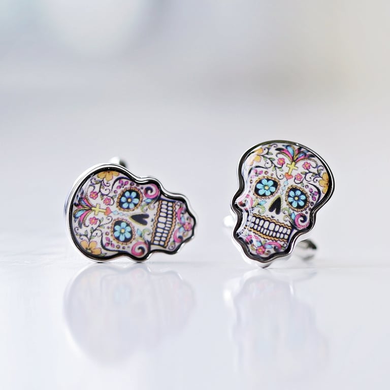 Vibrant Skull Cufflinks - Personalised Engraved Luxury Box Set