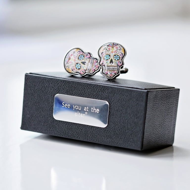 Vibrant Skull Cufflinks - Personalised Engraved Luxury Box Set
