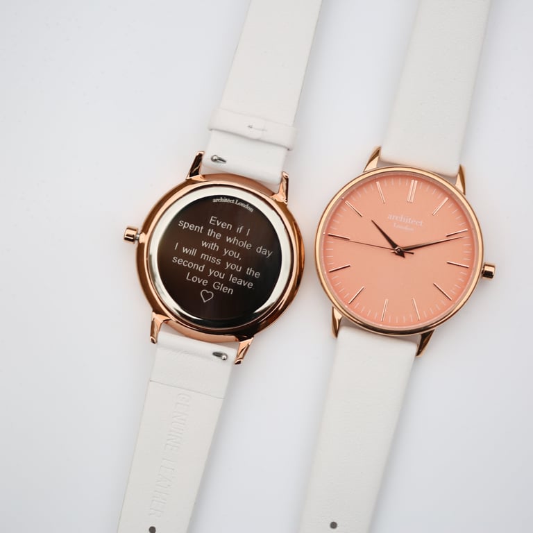 Architct Coral Ladies Watch - Personalised Quartz Movement with Modern Font Engraving & White Leather Strap