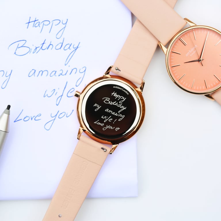 Personalized Architct Coral Ladies Watch - Handwriting Engraving & Light Pink Strap