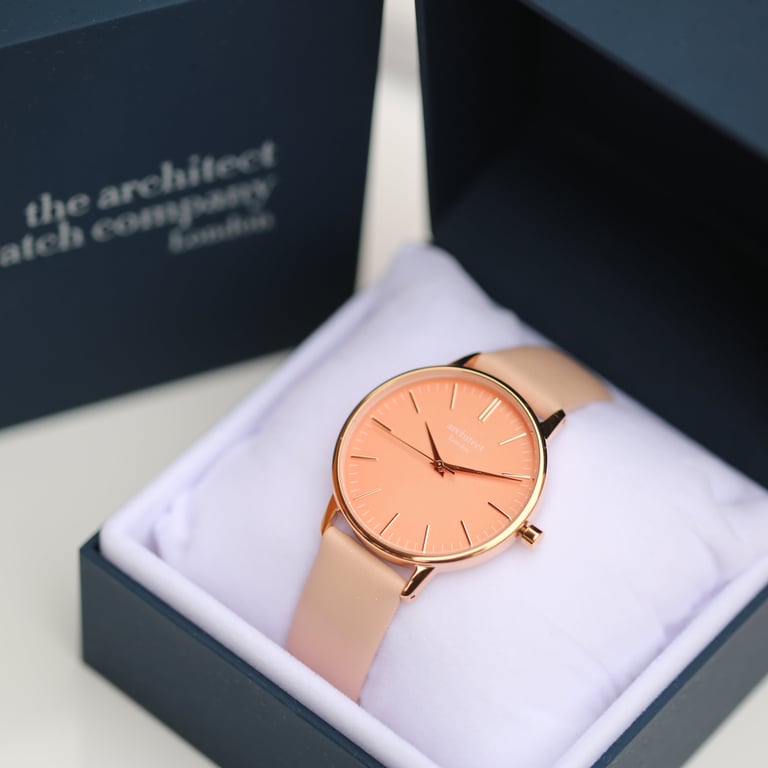 Personalized Architct Coral Ladies Watch - Handwriting Engraving & Light Pink Strap