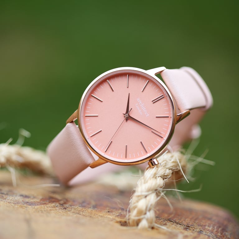 Personalized Architct Coral Ladies Watch - Handwriting Engraving & Light Pink Strap