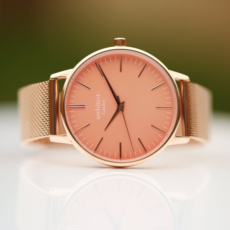 Architct Coral Engraved Ladies Watch - Rose Gold Mesh Strap & Personalised Modern Font