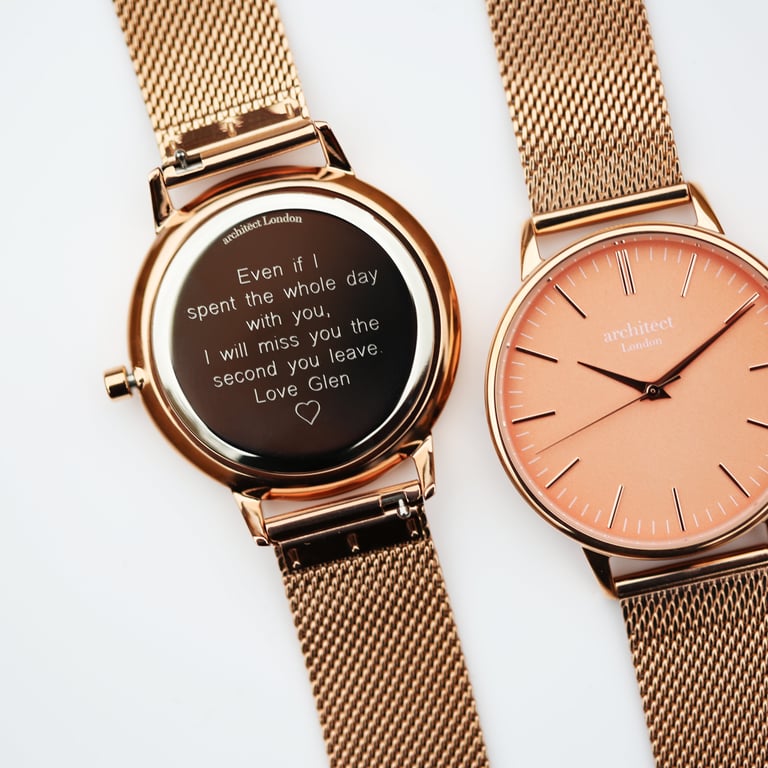 Architct Coral Engraved Ladies Watch - Rose Gold Mesh Strap & Personalised Modern Font