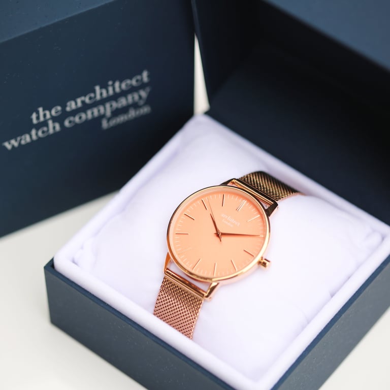 Architct Coral Engraved Ladies Watch - Rose Gold Mesh Strap & Personalised Modern Font